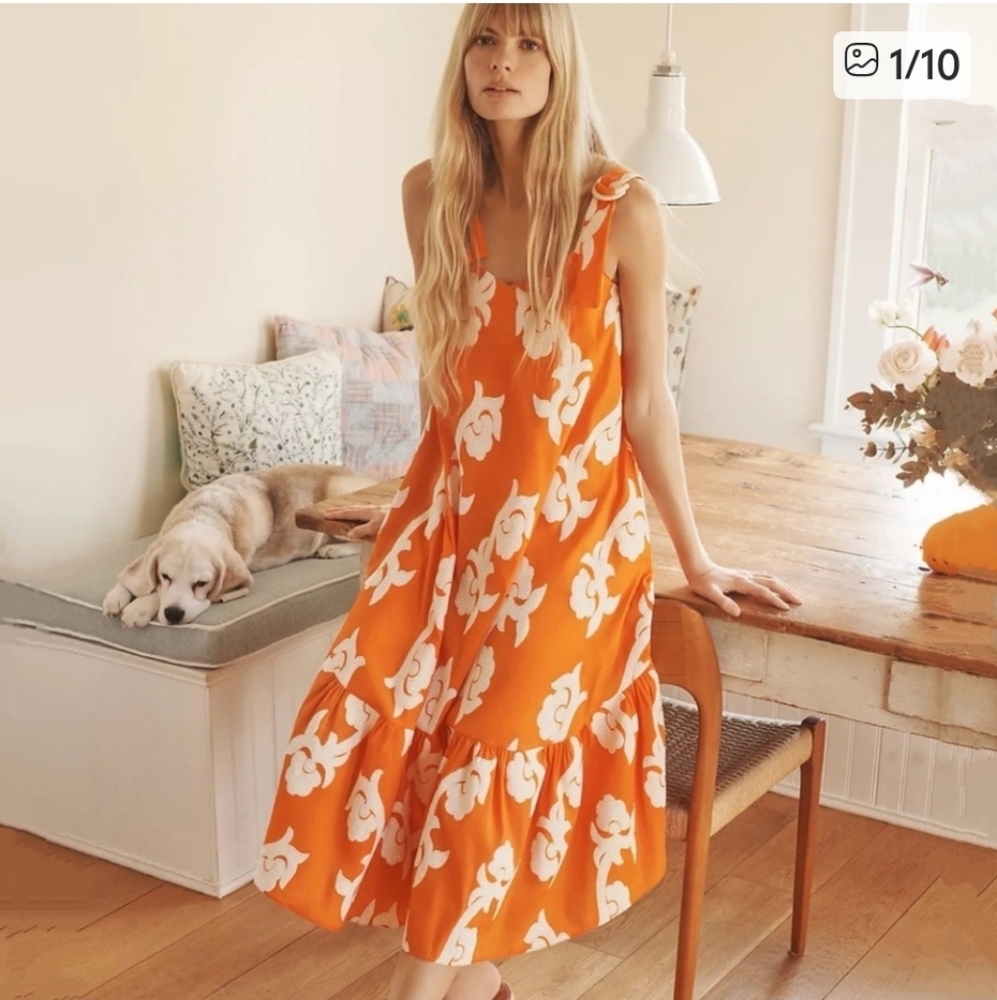 Anthropologie Exquise Dress XS Orange White Embroidered Sleeveless Midi Casual